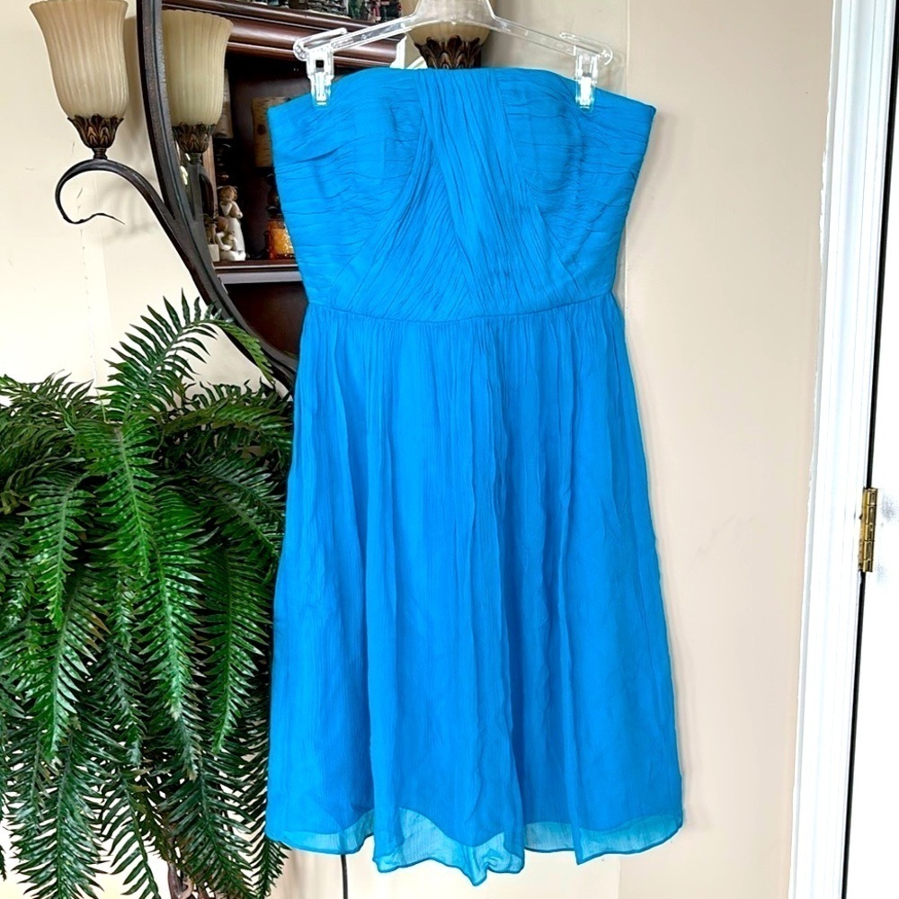Donna Morgan 100% Silk Bright Blue Strapless Lined Formal A-Line Dress Wedding